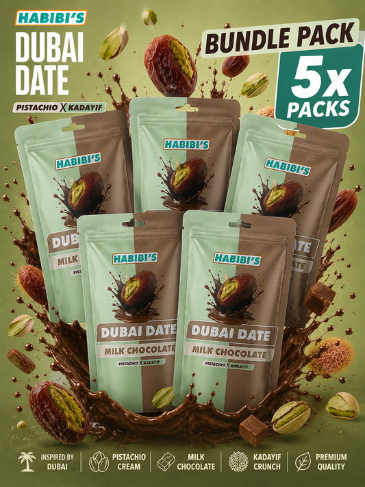 5x Habibi’s Dubai Dattel-Milchschokolade Pistazie & Kadayif (Bündel)